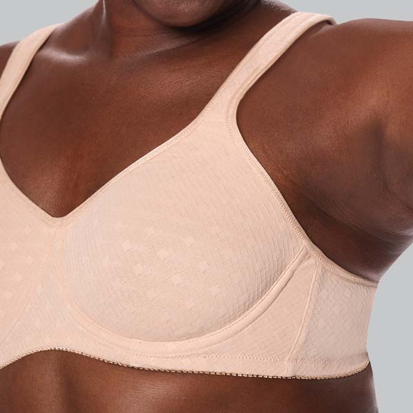 Front perspective view of the Amoena Tiana soft underwire bra showing the medium height upward curving underarm band.