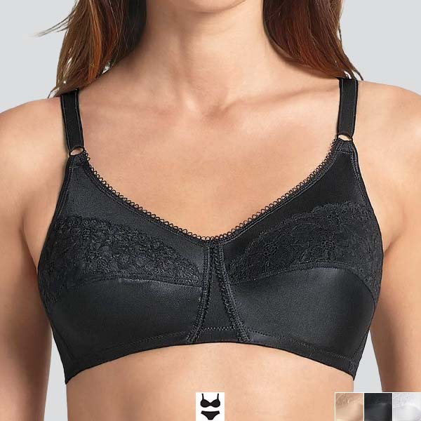 Front of the black Anita Livia soft wireless mastectomy bra showing lower cleavage, and narrower band and straps.