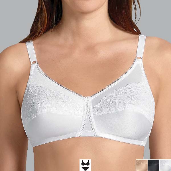Front of the white Anita Livia soft wireless mastectomy bra showing curved lower V-neckline, and narrower band and straps.