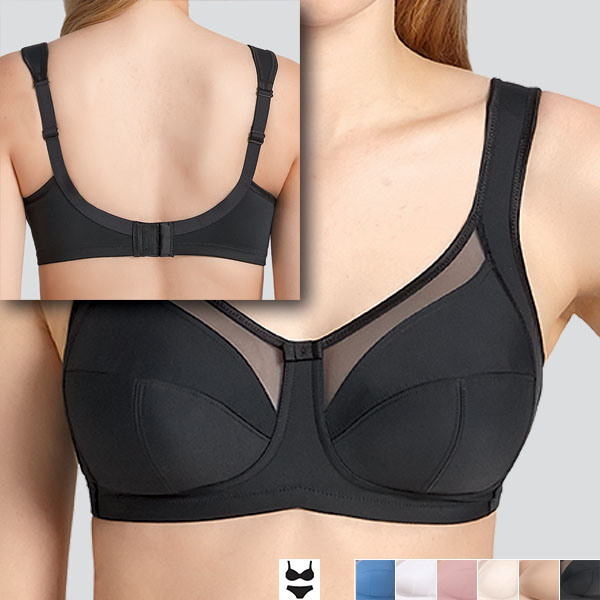 Front of the black Anita Clara soft wireless bra with a back view of the top lefthand corner to show the narrower back band.