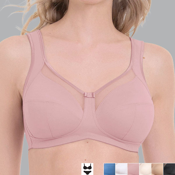 Front of the rosewood Anita Clara soft wireless bra showing the medium cleavage, narrow band, and wide padded straps.