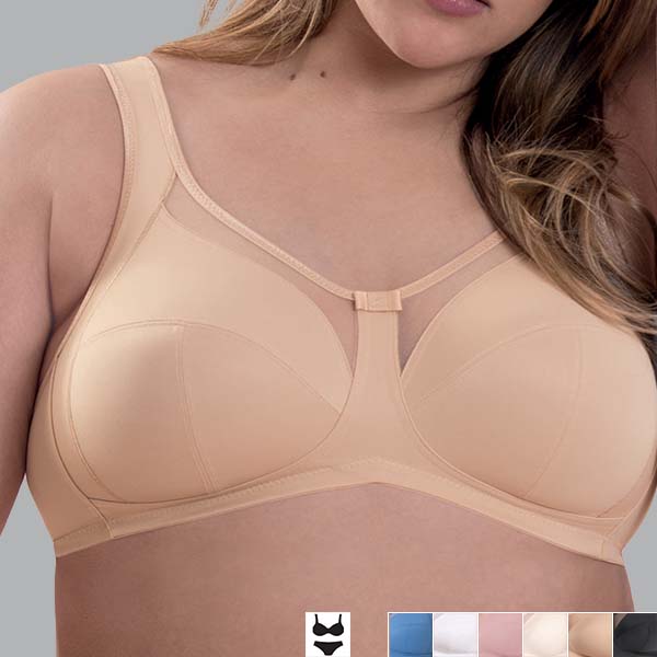Front of the sand Anita Clara soft wireless bra showing how the shaped three-section cup lifts and separates the breasts.
