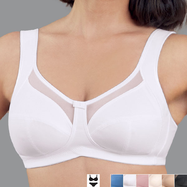 Front perspective view of the white Anita Clara soft wireless bra showing the wide straps and medium height underarm band.