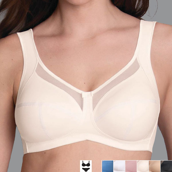 Front of the crystal Anita Clara soft wireless bra showing how the band of mesh to the neckline creates a lower looking cup.